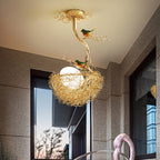 Pendant Lamp Hand-Woven Nest & Milky Glass Globe