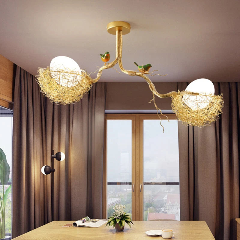 Pendant Lamp Hand-Woven Nest & Milky Glass Globe