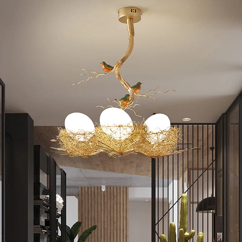 Pendant Lamp Hand-Woven Nest & Milky Glass Globe