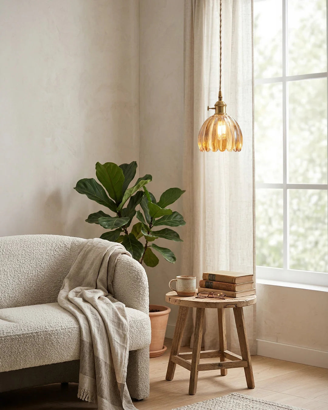 Pendant Lamp Japanese-Inspired Flower-Shaped Glass Diffused Light