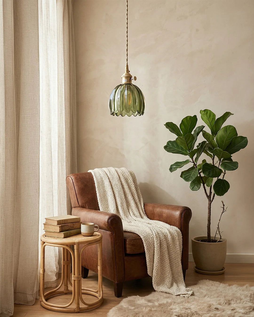 Pendant Lamp Japanese-Inspired Flower-Shaped Glass Diffused Light