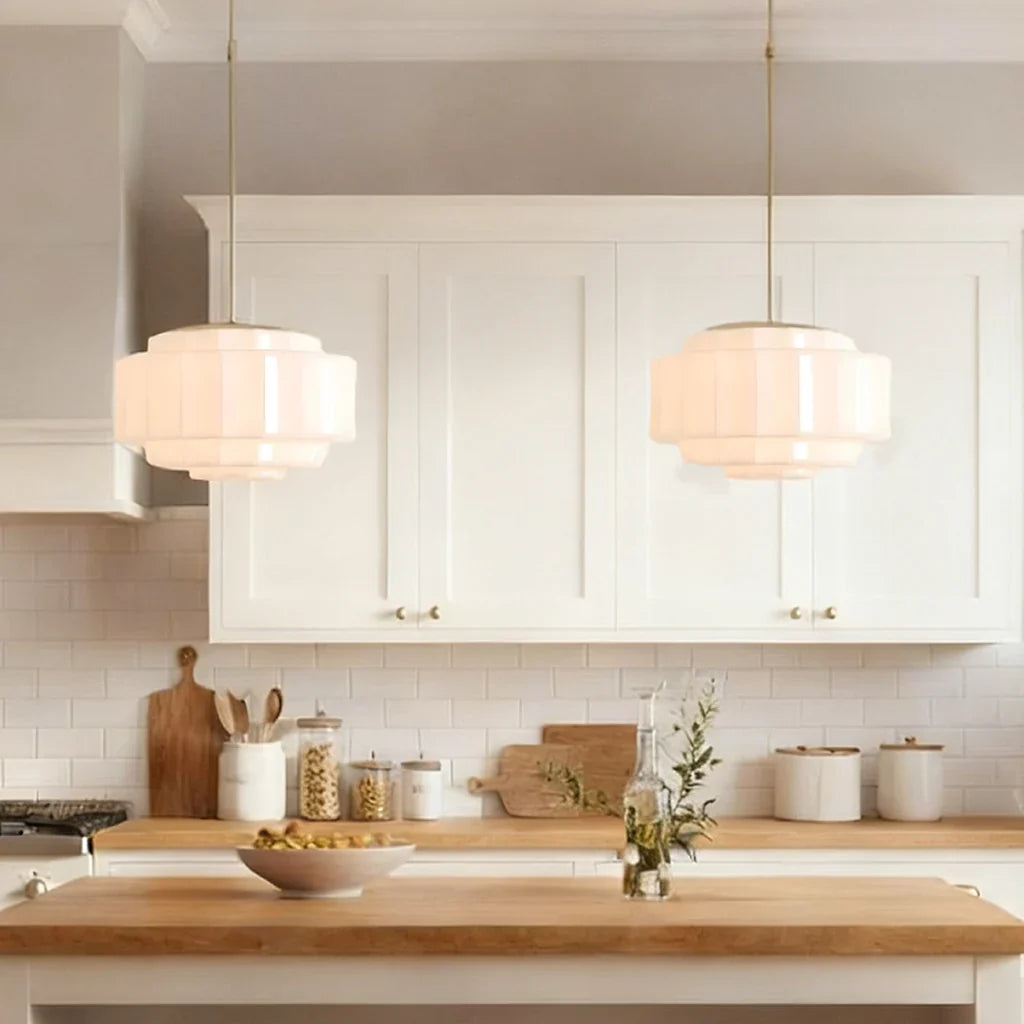 Pendant Lamp Layered Opal Glass Antique Brass Adjustable Cord