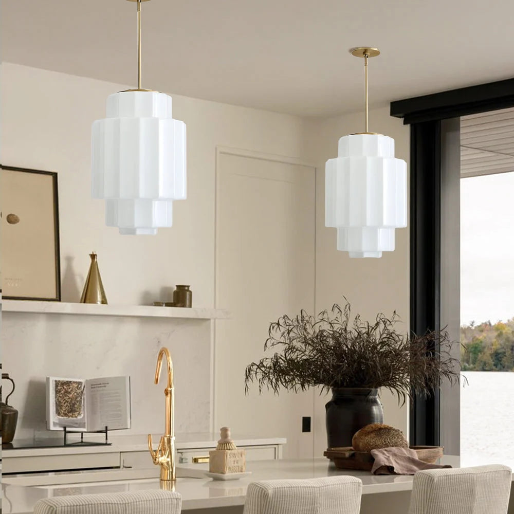 Pendant Lamp Layered Opal Glass Antique Brass Adjustable Cord