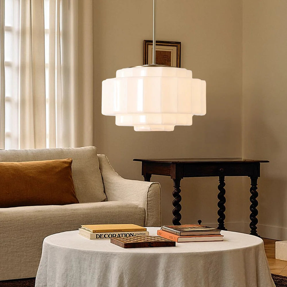 Pendant Lamp Layered Opal Glass Antique Brass Adjustable Cord