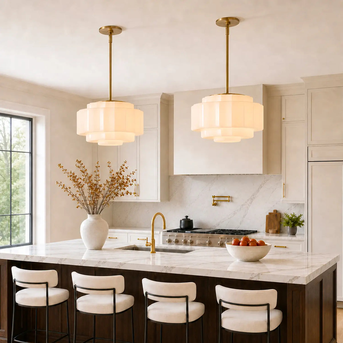 Pendant Lamp Layered Opal Glass Antique Brass Adjustable Cord