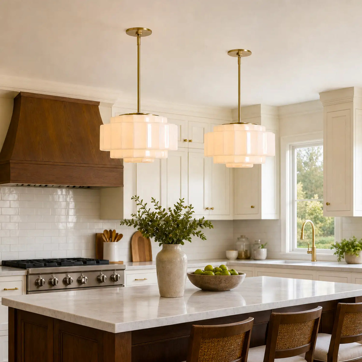 Pendant Lamp Layered Opal Glass Antique Brass Adjustable Cord