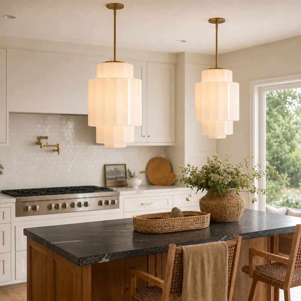 Pendant Lamp Layered Opal Glass Antique Brass Adjustable Cord
