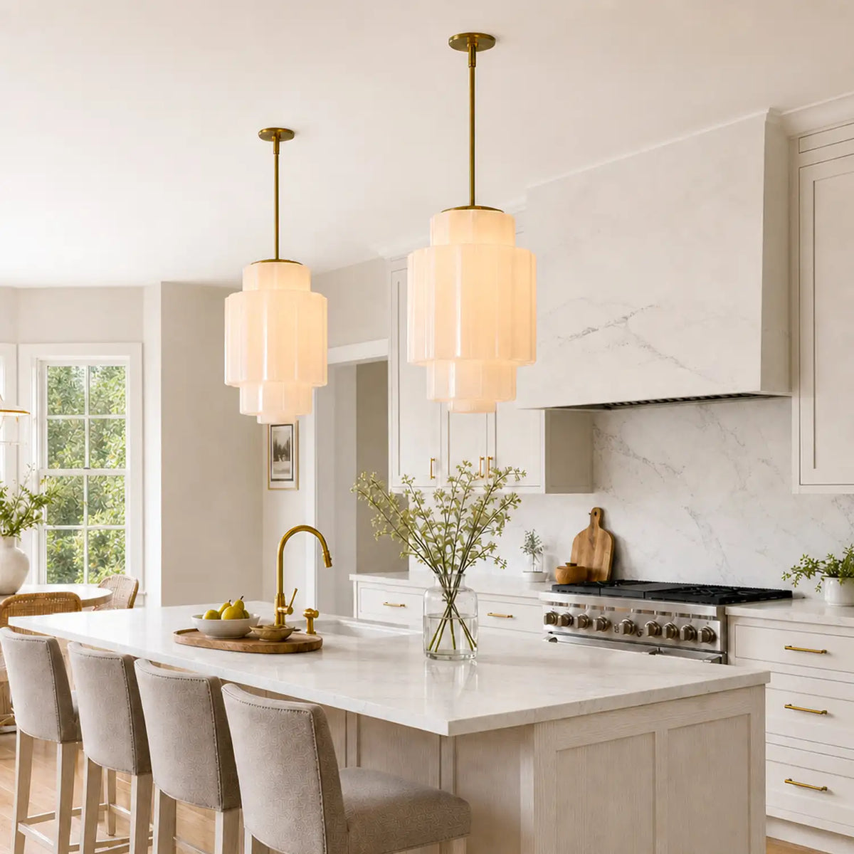 Pendant Lamp Layered Opal Glass Antique Brass Adjustable Cord