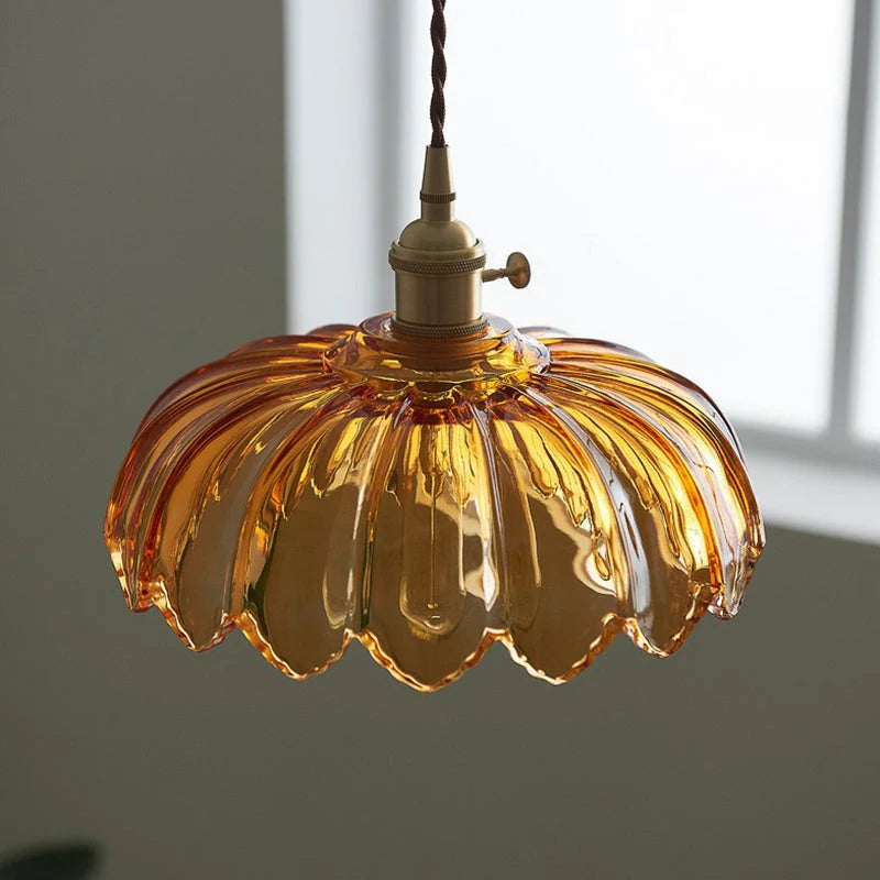 Pendant Lamp Scalloped Glass Floral Shade Adjustable Cord