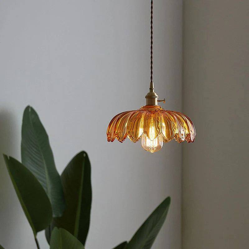 Pendant Lamp Scalloped Glass Floral Shade Adjustable Cord