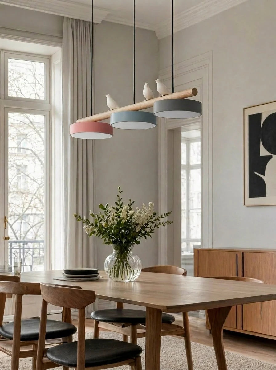 Pendant Lamp Three Bird Wooden Shades 80 cm