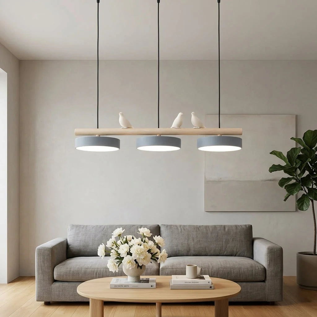 Pendant Lamp Three Bird Wooden Shades 80 cm