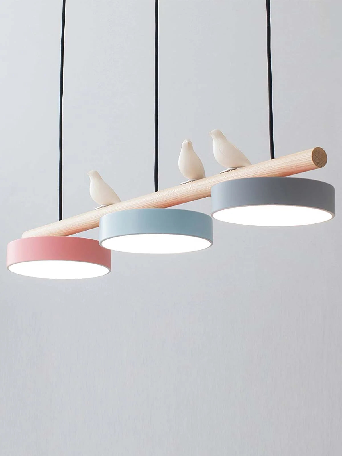 Pendant Lamp Three Bird Wooden Shades 80 cm