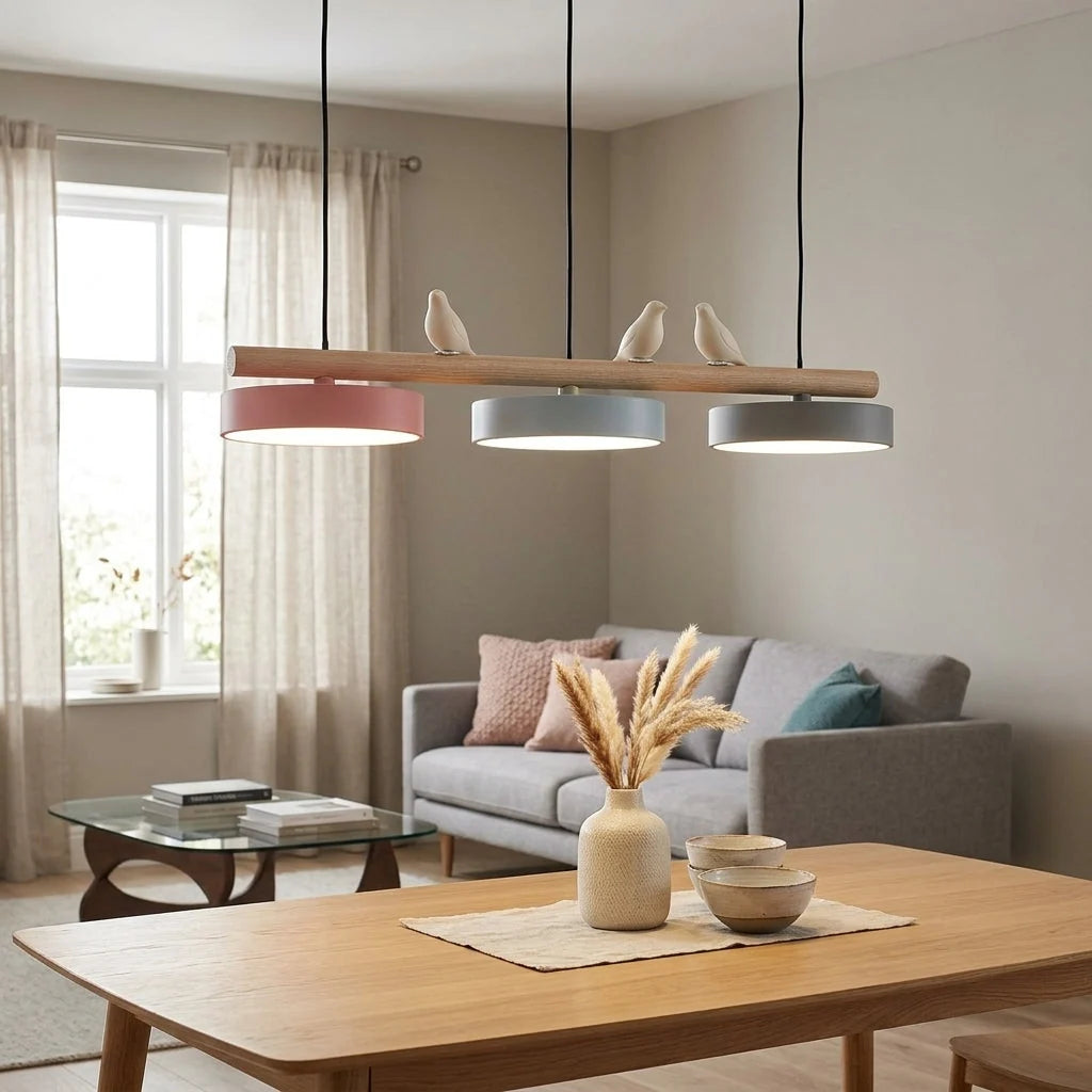 Pendant Lamp Three Bird Wooden Shades 80 cm