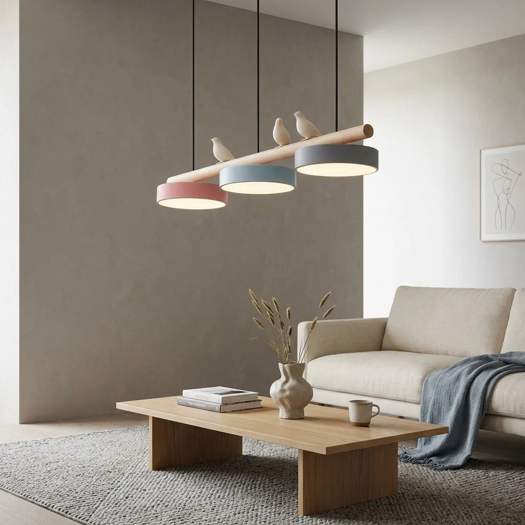 Pendant Lamp Three Bird Wooden Shades 80 cm