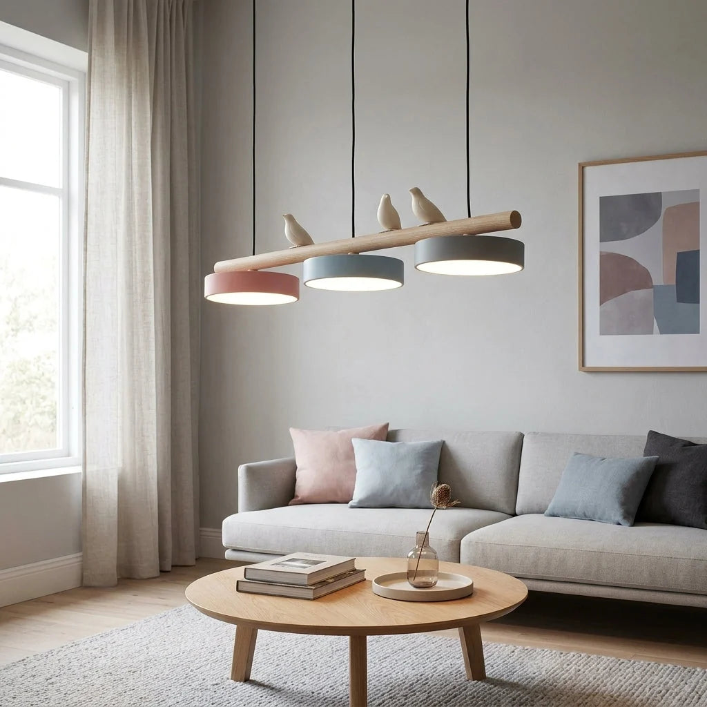 Pendant Lamp Three Bird Wooden Shades 80 cm