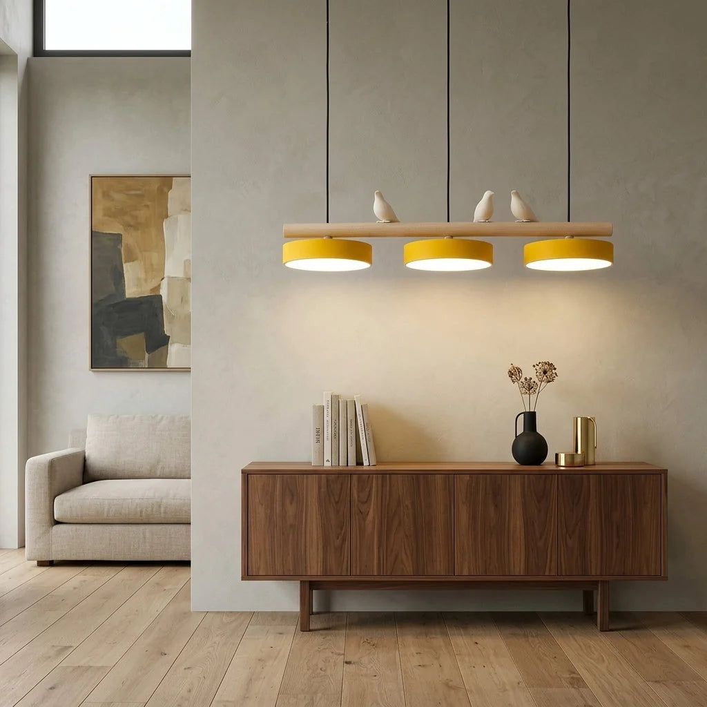 Pendant Lamp Three Bird Wooden Shades 80 cm