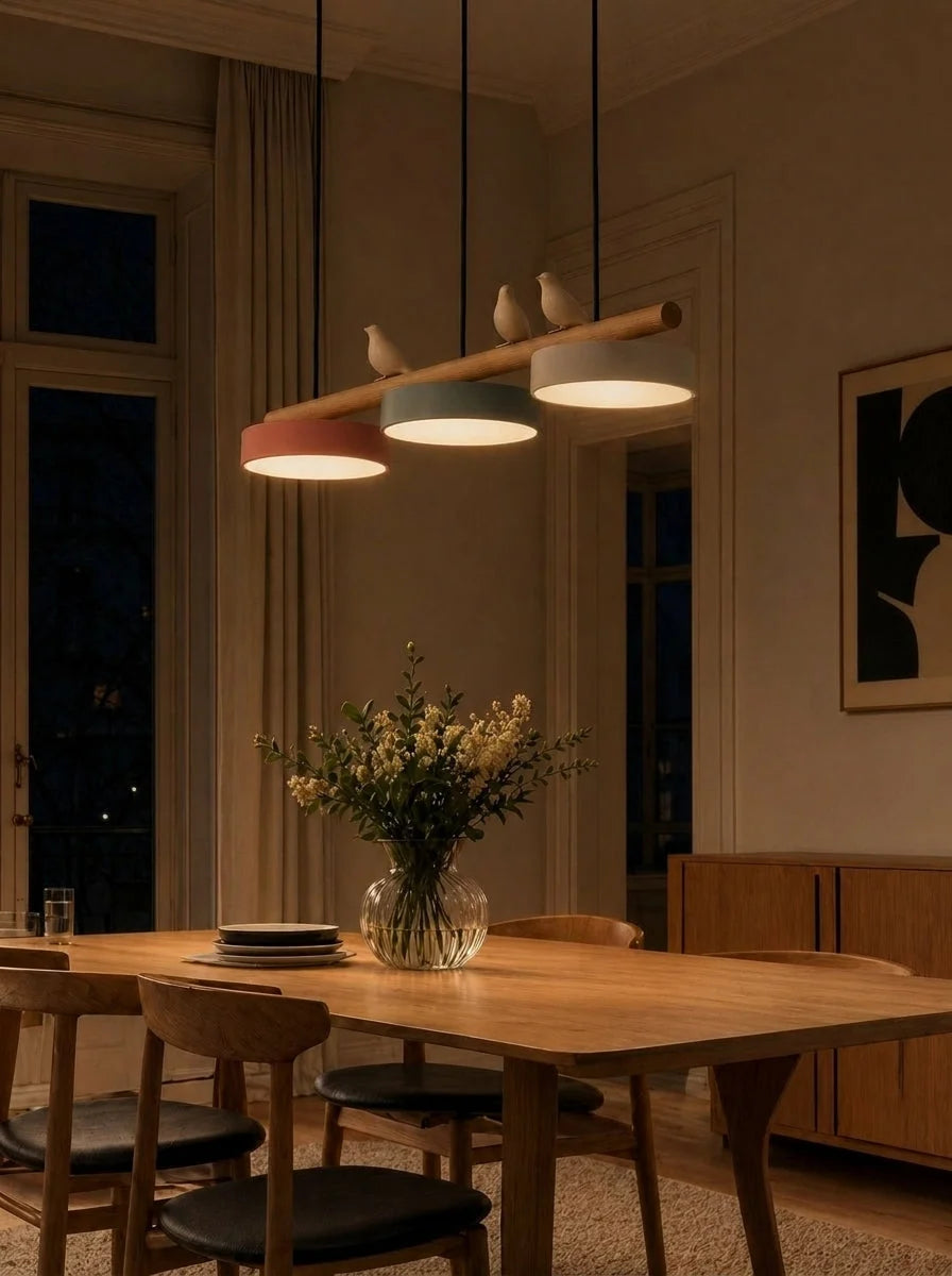 Pendant Lamp Three Bird Wooden Shades 80 cm