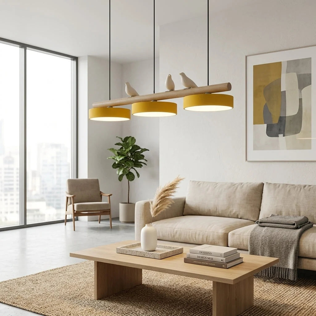 Pendant Lamp Three Bird Wooden Shades 80 cm