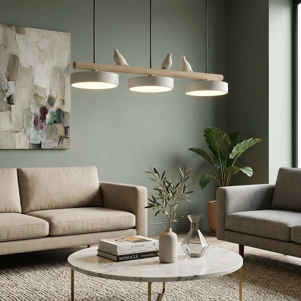 Pendant Lamp Three Bird Wooden Shades 80 cm