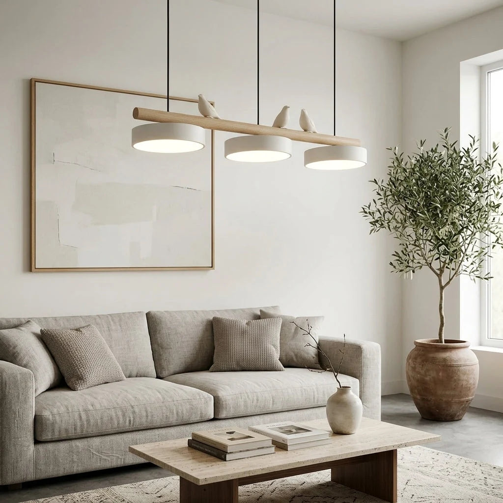 Pendant Lamp Three Bird Wooden Shades 80 cm