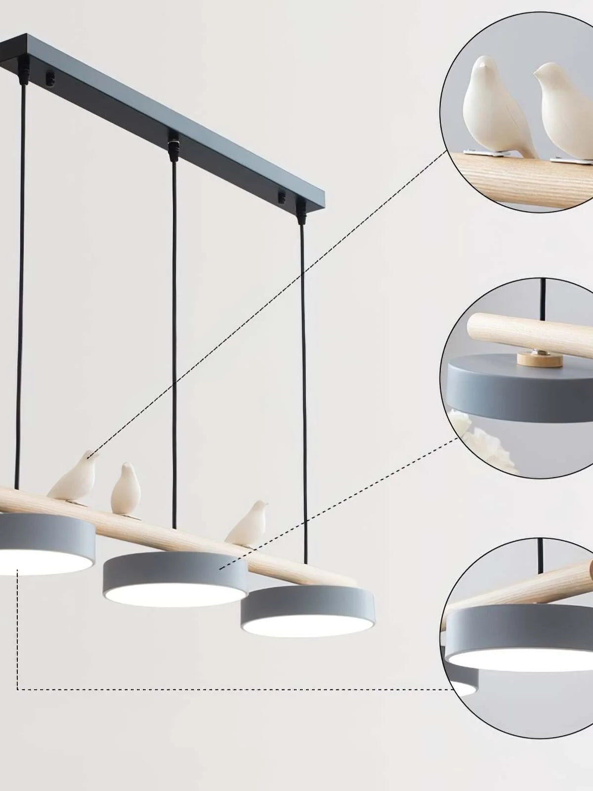 Pendant Lamp Three Bird Wooden Shades 80 cm