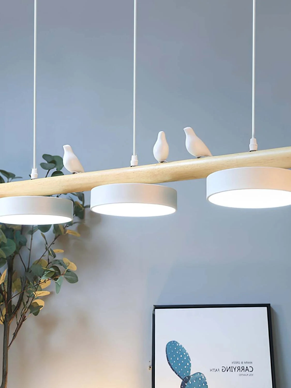 Pendant Lamp Three Bird Wooden Shades 80 cm