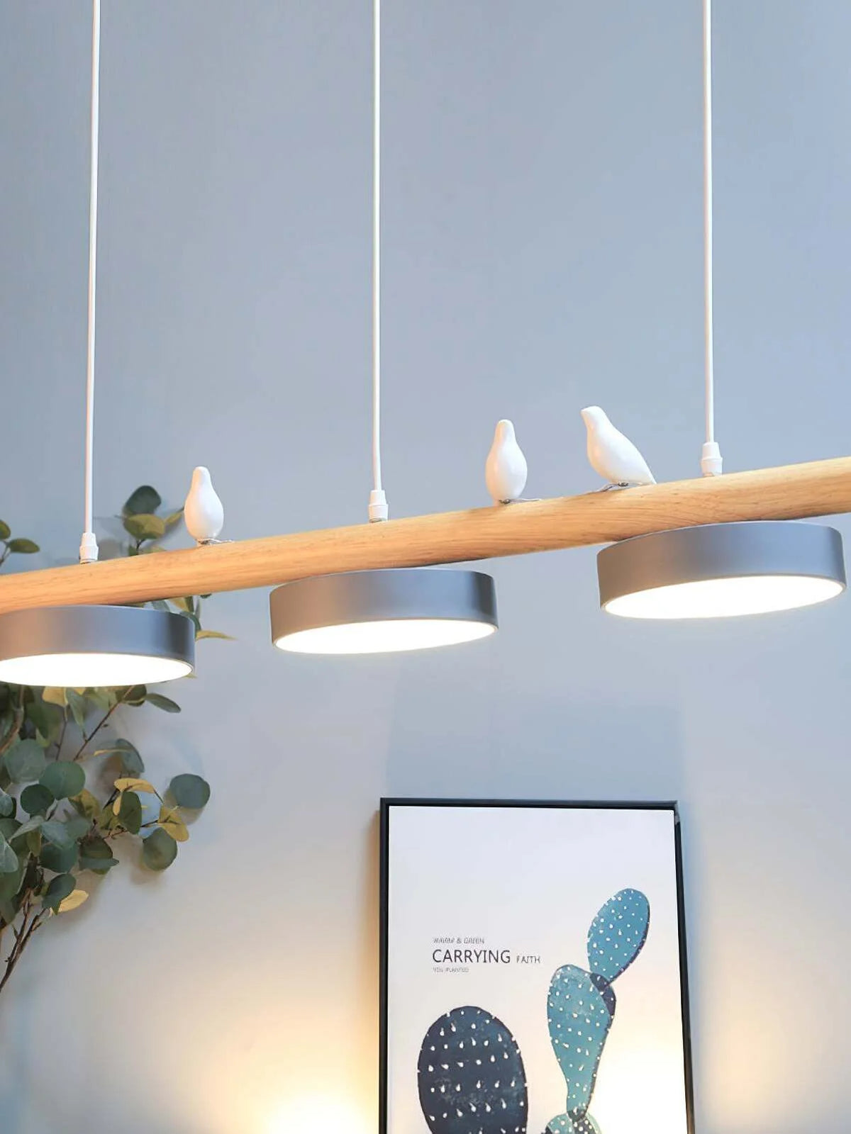 Pendant Lamp Three Bird Wooden Shades 80 cm