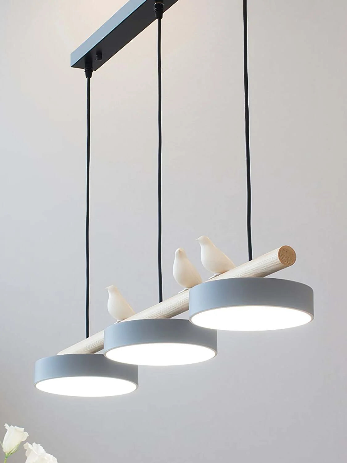 Pendant Lamp Three Bird Wooden Shades 80 cm