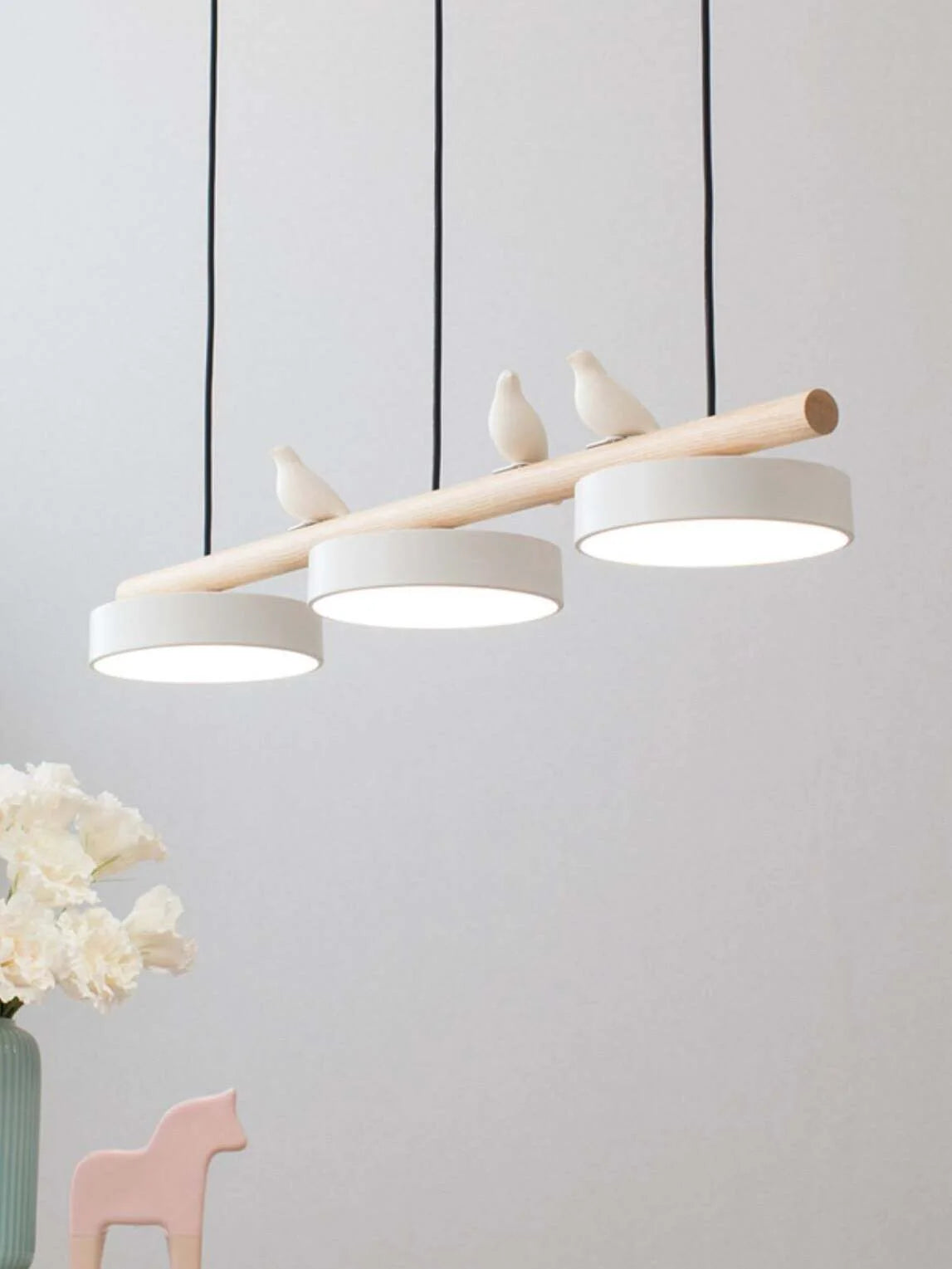Pendant Lamp Three Bird Wooden Shades 80 cm