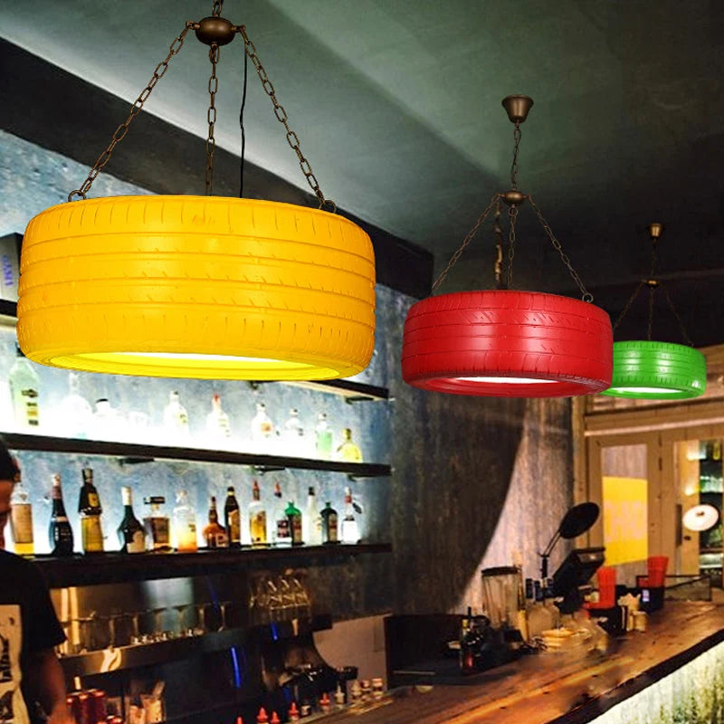 Pendant Lamp Tire-Shaped Rubber Metal Chain LED Bulb Included