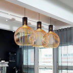 Pendant Lamp Wooden Slatted Interior Black Exterior Adjustable Cord