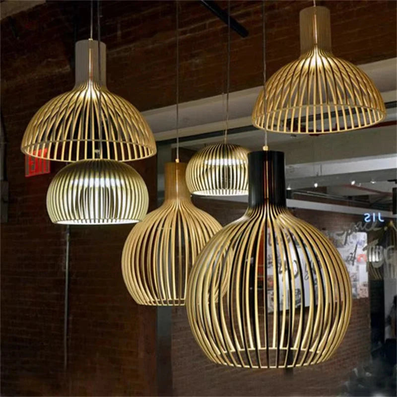 Pendant Lamp Wooden Slatted Interior Black Exterior Adjustable Cord