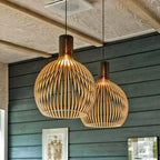 Pendant Lamp Wooden Slatted Interior Black Exterior Adjustable Cord