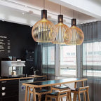 Pendant Lamp Wooden Slatted Interior Black Exterior Adjustable Cord