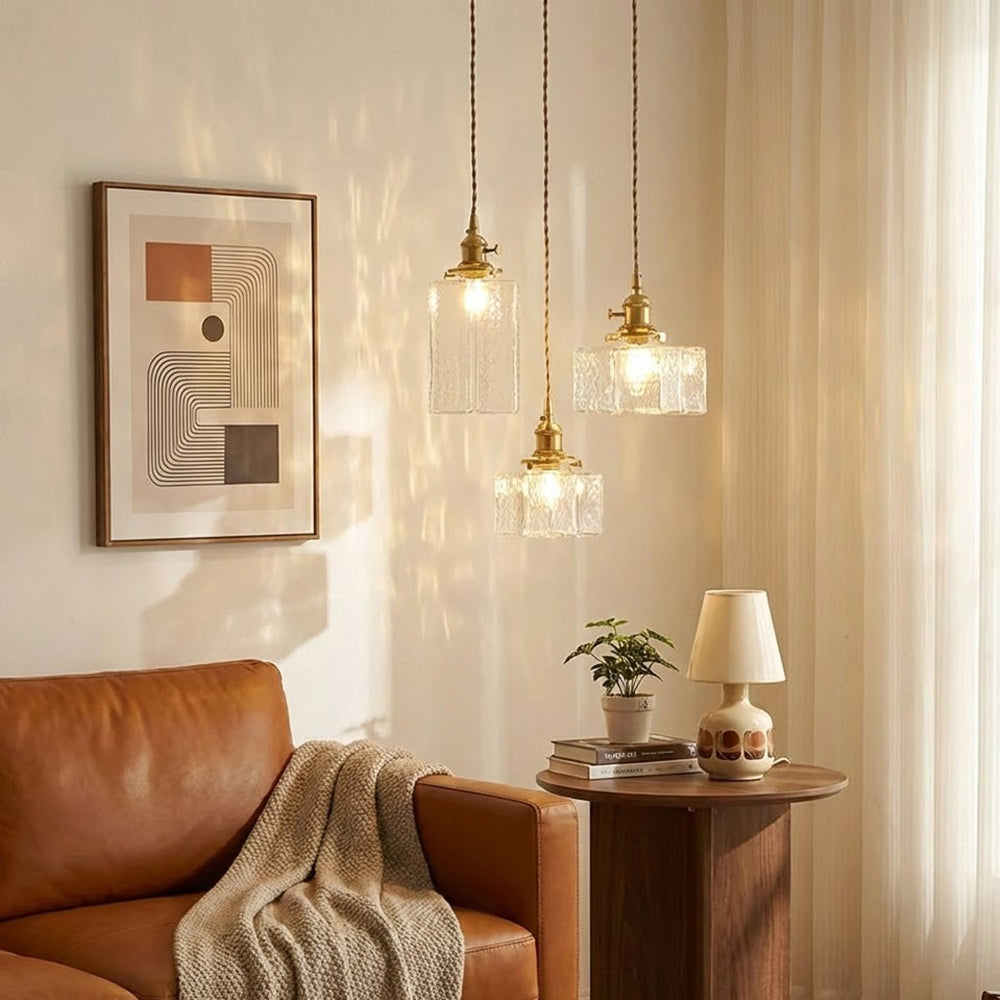 Pendant Light Adjustable Height Glass Shade & Brass Finish
