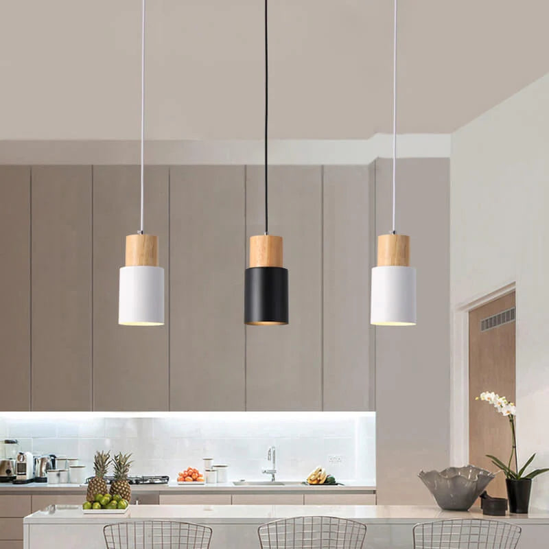 Pendant Light Aluminum Shade Wood Accents Adjustable Height