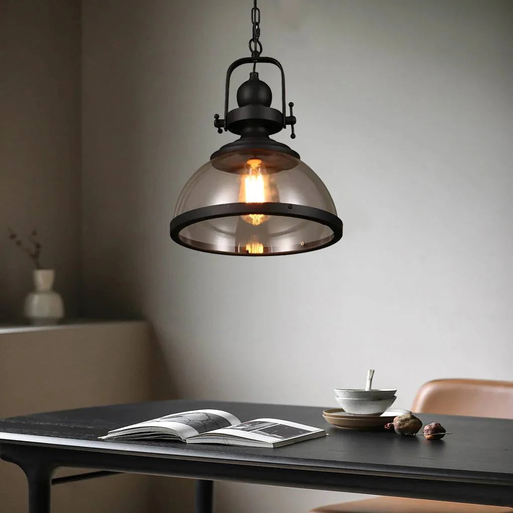 Pendant Light Glass Bowl Shade Iron Details & Adjustable Cable
