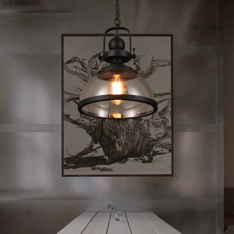 Pendant Light Glass Bowl Shade Iron Details & Adjustable Cable
