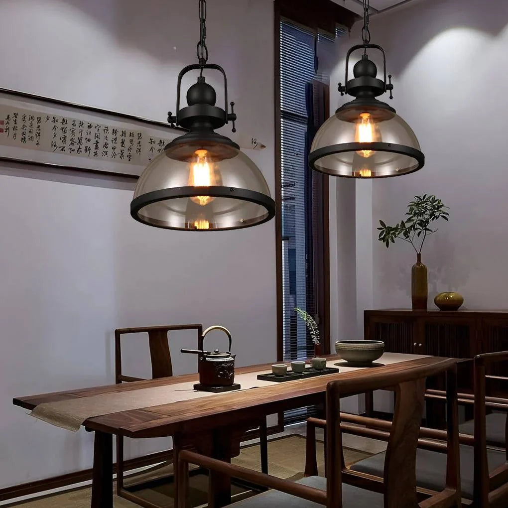 Pendant Light Glass Bowl Shade Iron Details & Adjustable Cable