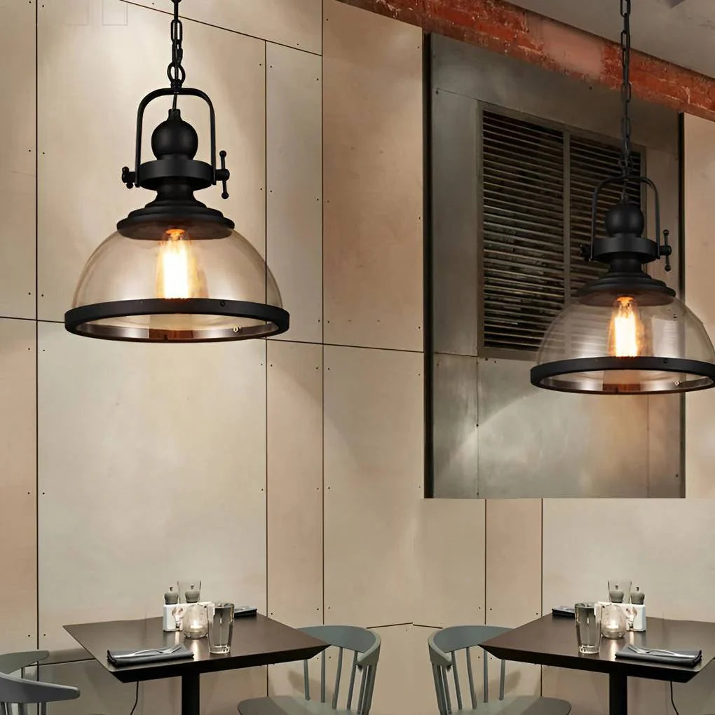 Pendant Light Glass Bowl Shade Iron Details & Adjustable Cable