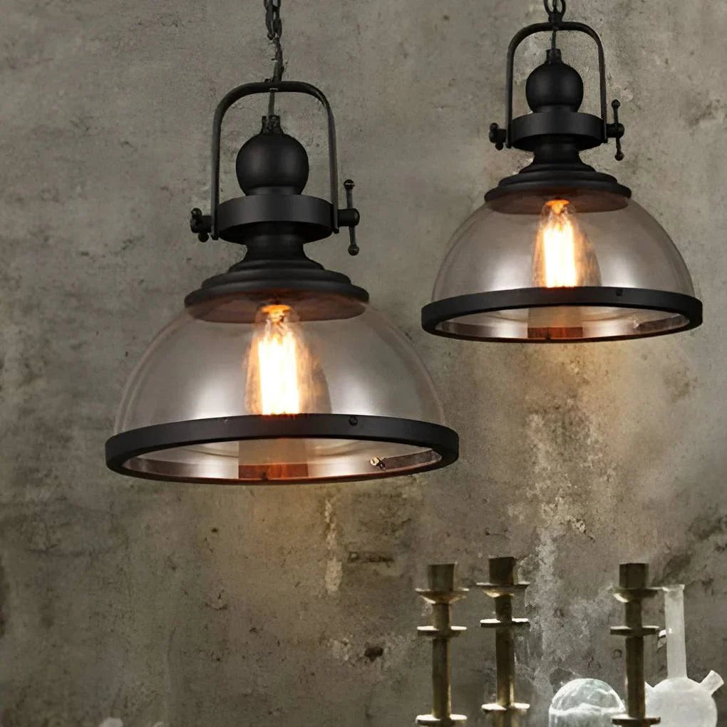 Pendant Light Glass Bowl Shade Iron Details & Adjustable Cable