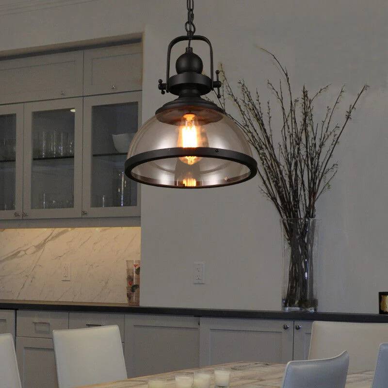 Pendant Light Glass Bowl Shade Iron Details & Adjustable Cable