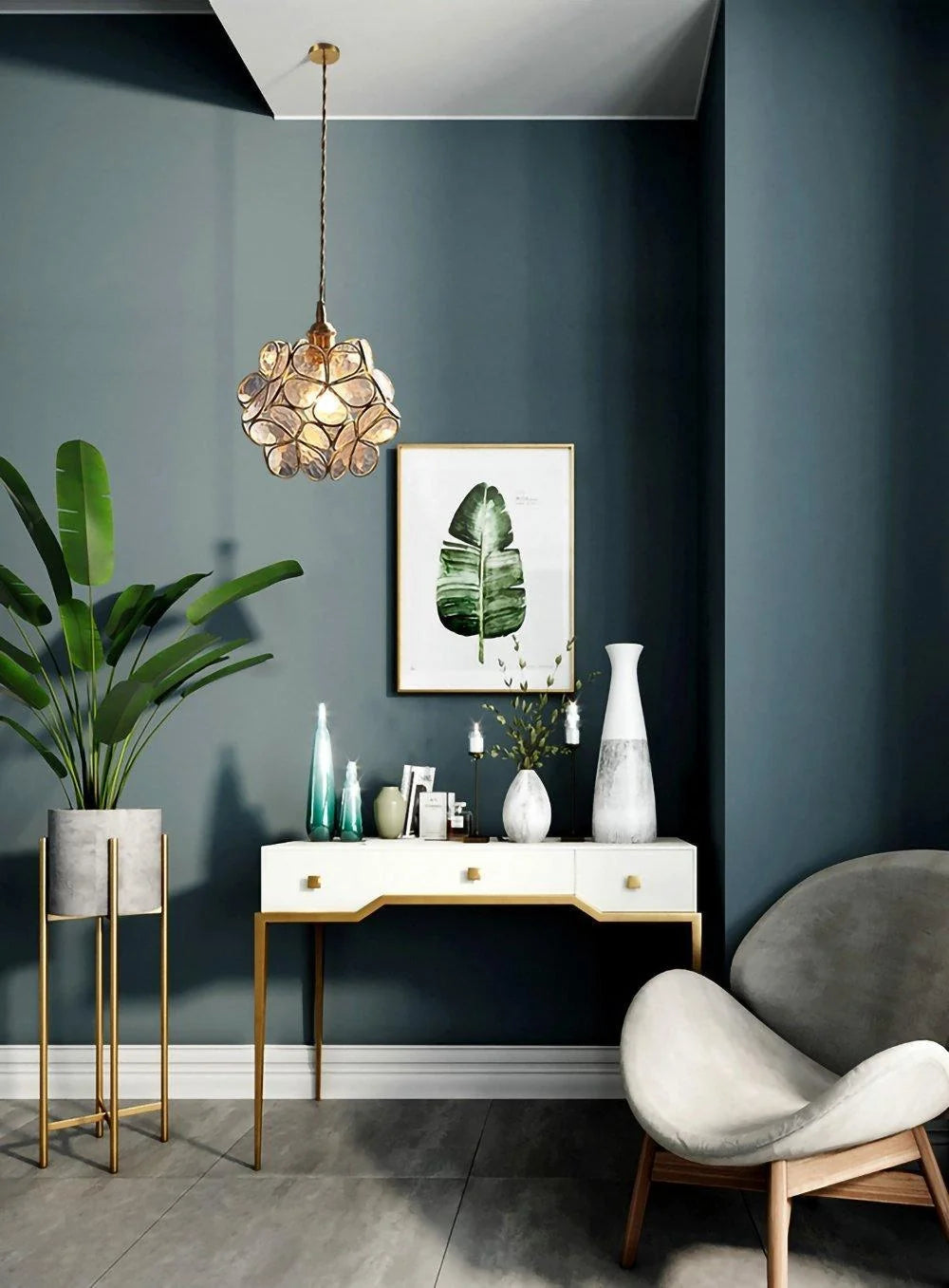 Pendant Light Hand-Blown Glass Petal Shade Brass Socket