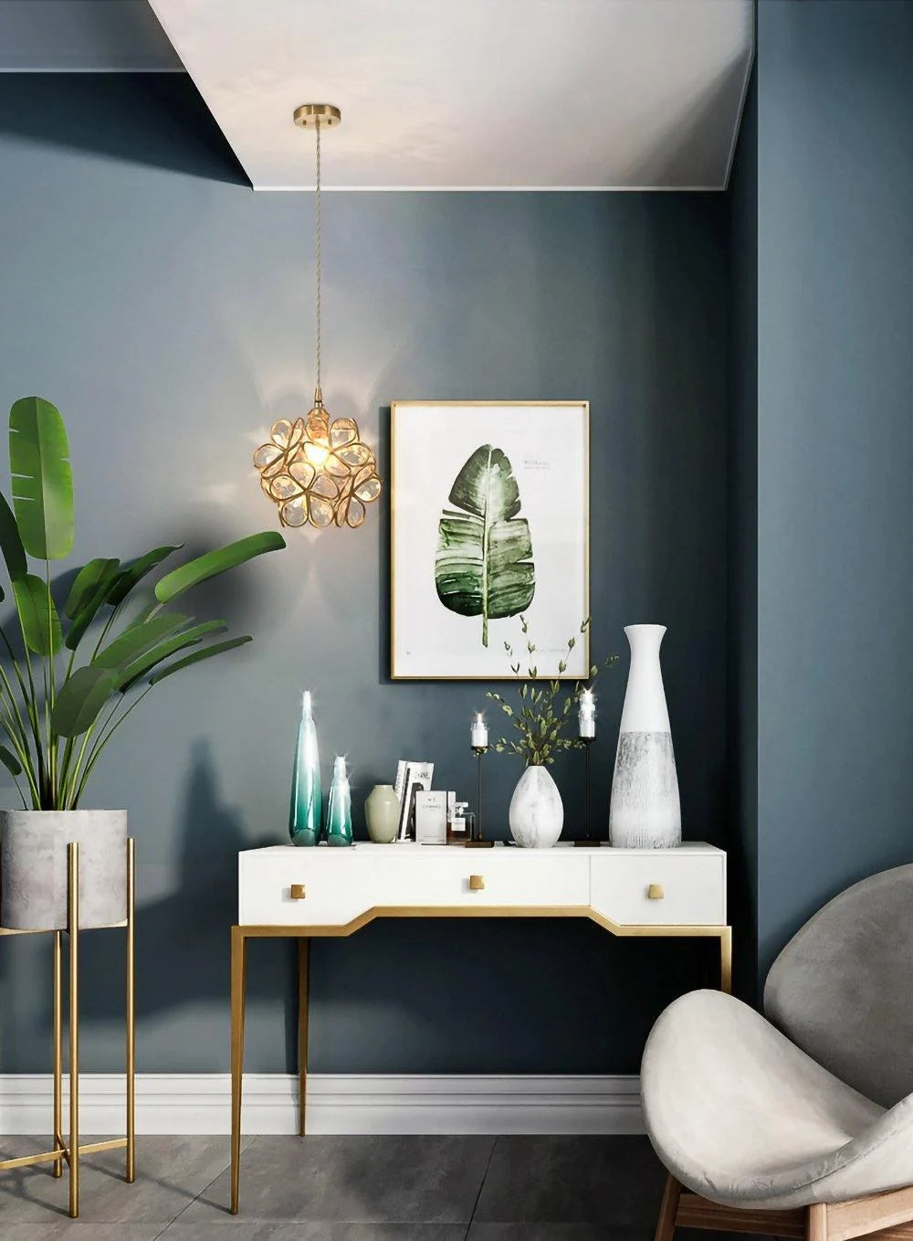 Pendant Light Hand-Blown Glass Petal Shade Brass Socket