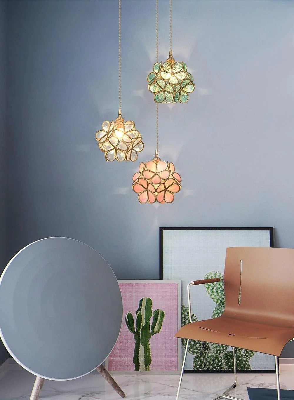 Pendant Light Hand-Blown Glass Petal Shade Brass Socket