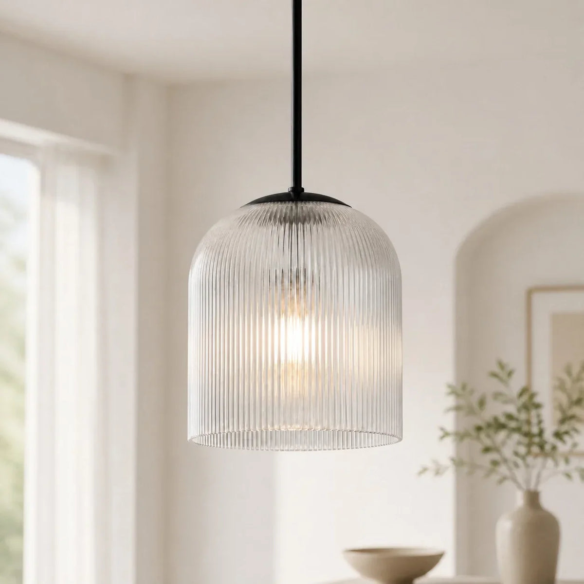 Pendant Light Ribbed Glass Shade Copper Finish E26 Socket