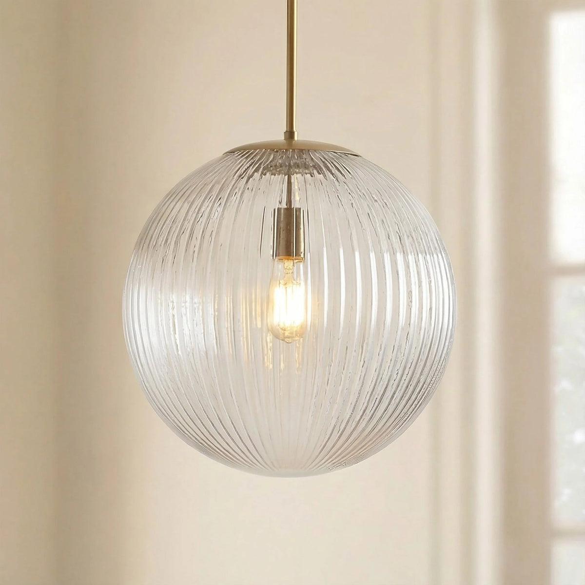Pendant Light Ribbed Glass Shade Copper Finish E26 Socket
