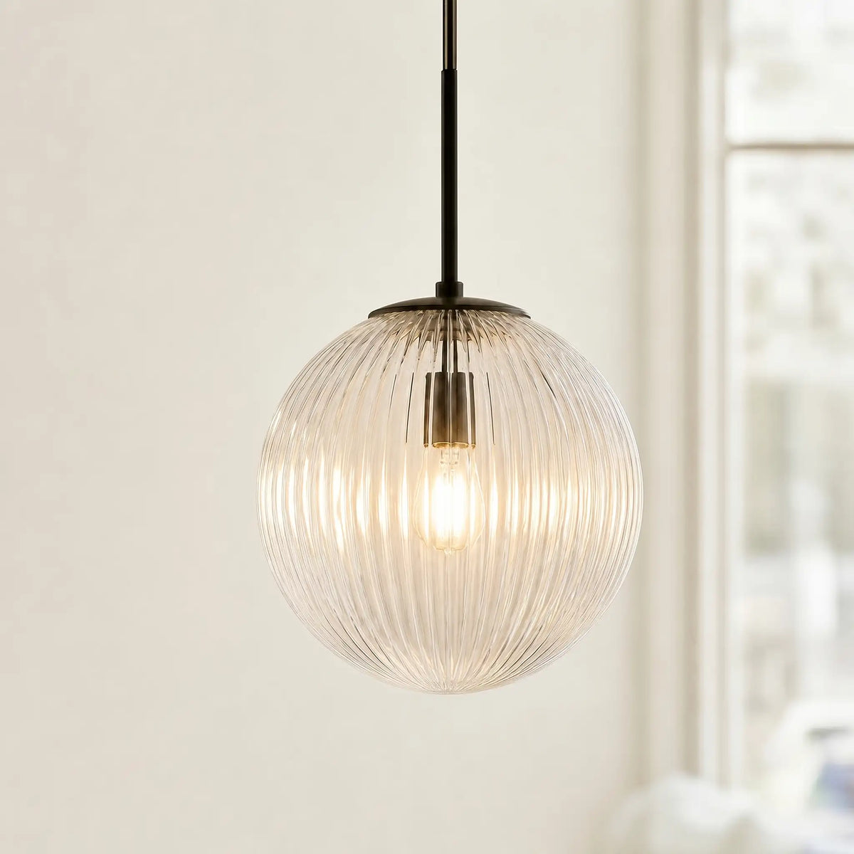 Pendant Light Ribbed Glass Shade Copper Finish E26 Socket