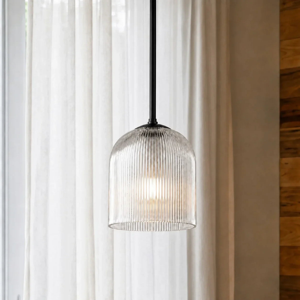 Pendant Light Ribbed Glass Shade Copper Finish E26 Socket